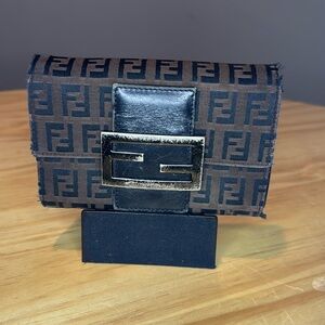 Fendi Brown FF Logo Canvas Wallet with Black Leather Trim and Silver-Tone Buckle